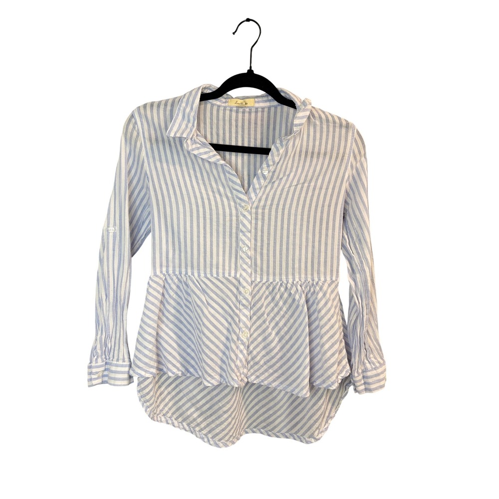 Love‎ Notes Blue Striped Peplum Button Down Shirt Womens Small High Low Cotton